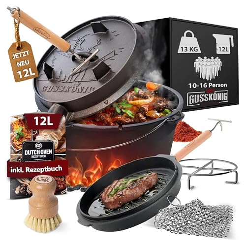 GUSSKÖNIG Dutch Oven Set–Eingebrannter Dutch Oven 12L [10-16Person]–Feuertopf Gusseisen ohne Füße–Schmortopf Doppelfunktion–2in1 Deckelheber,Untersetzer,Ringreiniger,Bürste,Rezeptbuch-30Jahre Garantie