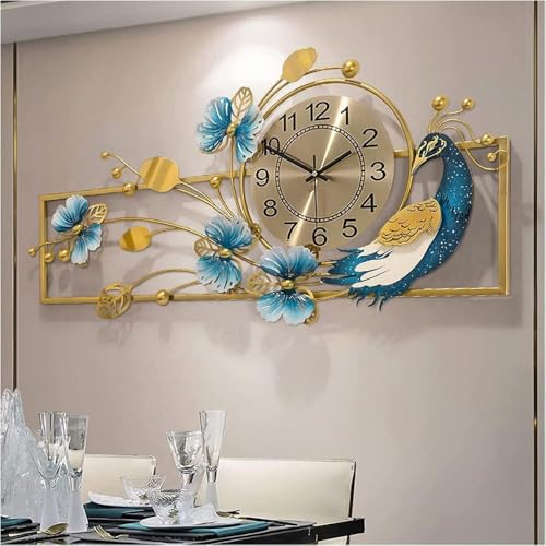 Image of Large Metal Multicolor Peacock Leaf Wall Clock Floral Design Modern Decorative Clock for Living Room, Bedroom, Office, Dining (Size 42x26 Inch)