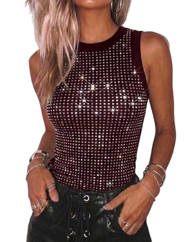 CHICME Womens Summer Sleeveless Ribbed Tank Tops Rhinestone Sparkly Basic Top Slim Fit Party Y2K Outfit-co-L