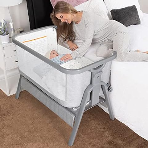 Beberoad Love Baby Bassinet Beside Sleeper for Baby Lightweight Portable 6 Heights Adjustable Beside Crib Baby Bed Cradle for Newborns Infants with Mattress Wheels Storage Basket Travel Bag Light Grey Cover