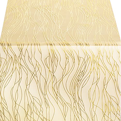WELTRXE Organza Gold Table Runner 11â€™â€™ x 27 Yds Reusable Glitter Table Runner Roll for Wedding Bridal Shower Baby Shower Birthday Thanksgiving Christmas Halloween Party Decorations Gift Chair Sash Bow
