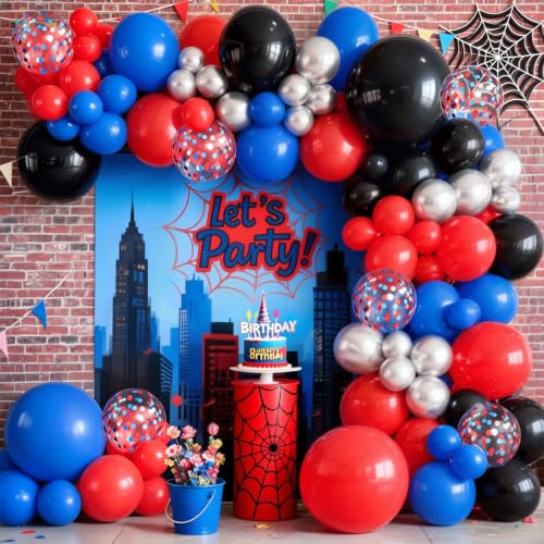 Black Red and Blue Balloon Arch Garland Kit 129Pcs Red Black Blue Metallic Silver with Red Blue Confetti Balloons for Birthday Graduation Comic Party Decorations