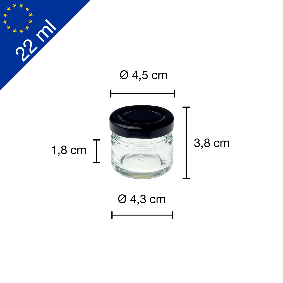 Lot de 100 bocaux en verre de 22 ml avec TO43 noir – Verre de qualité supérieure pour confitures, épices et échantillons – Hermétiques – Idéal pour le rangement et la présentation – Robuste et