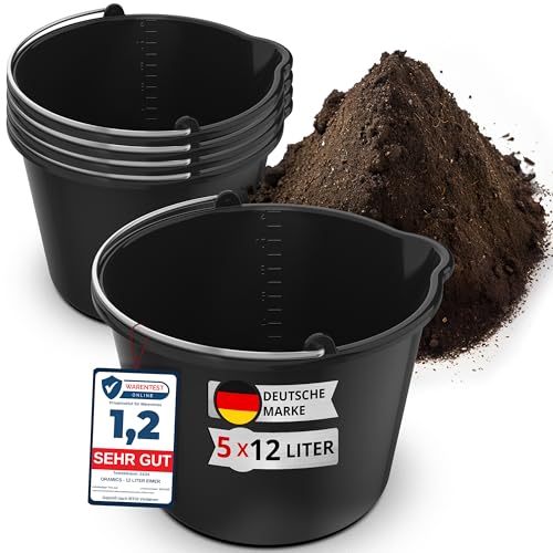 5X Oramics 12L Eimer mit Ausguss Tülle – Baueimer Kübel für Zement und Mörtel – Stabiler Wassereimer mit Skala für Haushalt, Garten, Baustellen und Landwirtschaft (5X 12 Liter Mörteleimer)