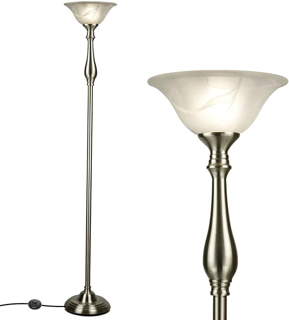LIGHTACCENTS Royal Floor Lamp With Brushed Nickel Finish And White Swirl Glass Shade - Standing Lamp - Floor Lamps For Living Room Standing Torchiere 181.6 Cm Tall - Model 16176-25 - ( Brushed Nickel)