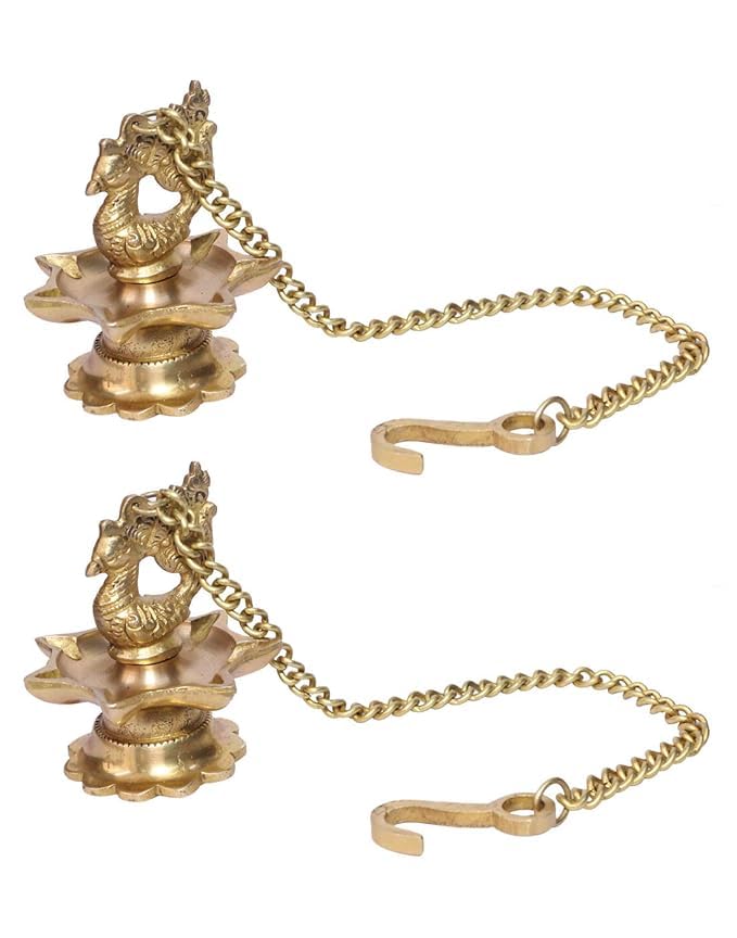 Generic Wgloryind Traditional Brass Hanging Peacock Diya with Chain 16 Inches | Deepak | Oil Lamp | Pack of 2, Golden