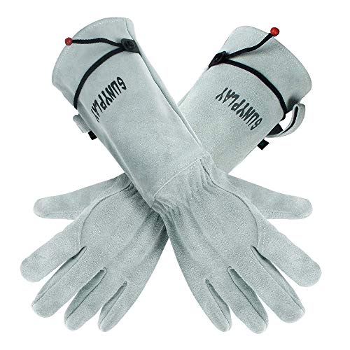 Sunyplay Gardening Gloves For Women/Men, Thorn Proof Garden Work Gloves With Long Heavy Duty Gauntlet, Cowhide Leather Gloves For Thorny Bushes Cacti Rose(Grey, Medium) #TOP4