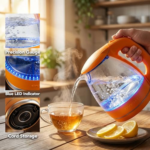 Image of OVENTE Electric Kettle, 1.5L Borosilicate Glass Countertop Water Heater and Boiler for Coffee or Tea, BPA-Free, Auto Shut-Off, Boil-Dry Protection, Removable and Washable Spout Filter, Orange KG83O