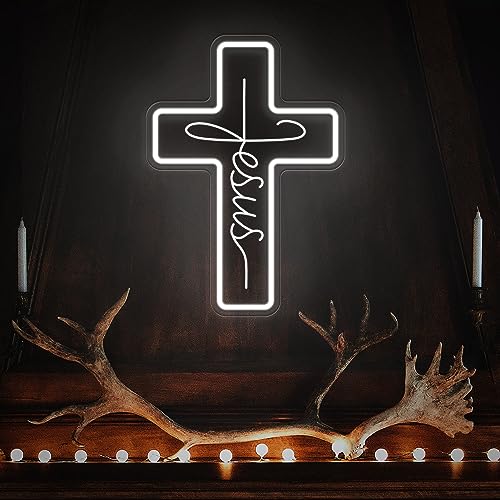 Image of Jesus Cross Neon Signs, Dimmable LED Neon Lights for Wall Decor Bedroom Home Room Party Decor, Light Up Sign for Wedding Christmas Easter Celebrations New Year Gifts