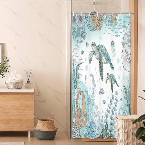Image of Sea Turtle Shower Curtain, Funny Sea Animals Summer Nautical Shower Curtains for Kids, Teal Blue Ocean Beach Coastal Decorative Bathroom Curtain Sets Waterproof Fabric Machine Washable with Hooks