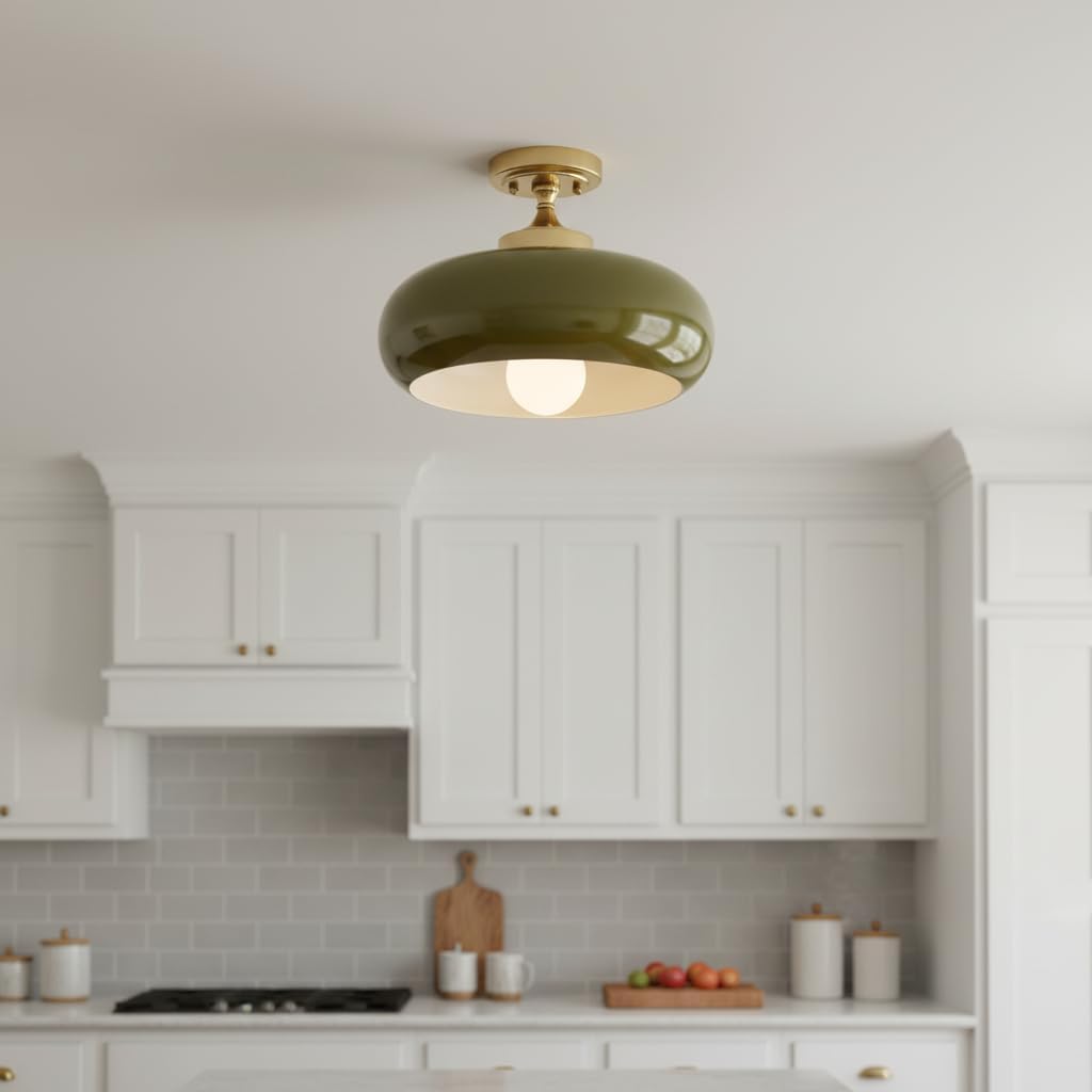 Dark Green Semi Flush Mount Ceiling Light Fixture, 11.02" Mid Century Modern Gold Close to Ceiling Light Fixture, Vintage Retro Ceiling Lamp for Bedroom Hallway Kitchen Entryway