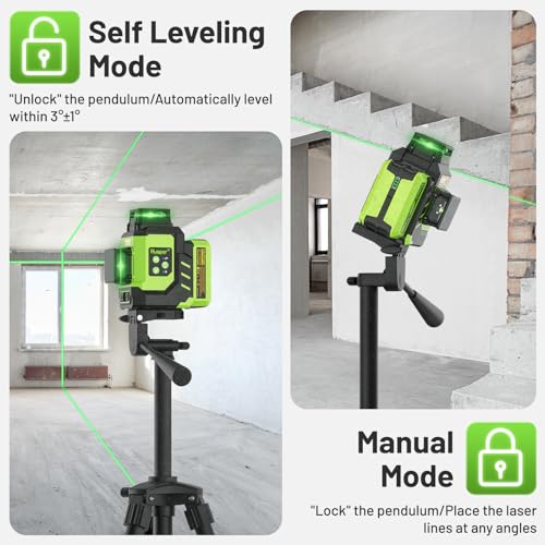 Huepar Laser Level 3x360 Self Leveling with 2 Rechargeable Batteries, 3D 12 Lines High Brightness Green Laser Level for Construction or Home Renovation, LS03CG