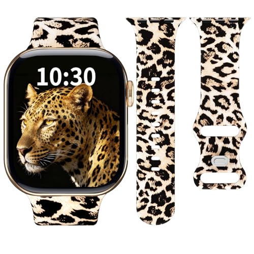 Micnkifo Bracelet Sport Silicone Compatible avec Apple Watch 42mm 41mm 40mm 38mm Femme Homme, Motifs Imprimés Doux Leopard Bracelet pour iWatch Series 11 10 9...