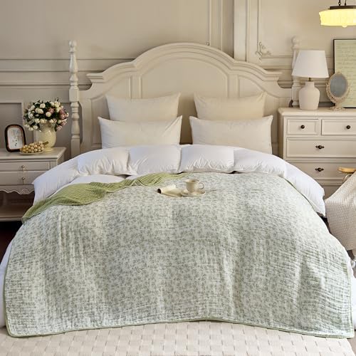 Image of Muslin Throw Blanket 100% Cotton Floral Pattern 6-Layer Gauze Cooling Blanket Lightweight Soft Breathable Quilt for All Season Both Sides for Sofa Couch (Floral Green-a, Throw 50 inchx60 inch)