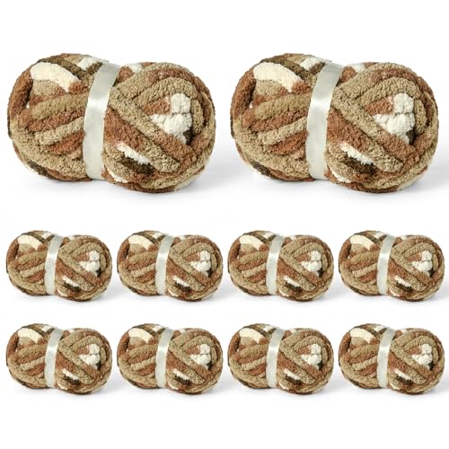 Image of 10 Pack Jumbo Chunky Yarn for Hand Knitting, Fluffy Variegated Chunky Chenille Yarn for Crocheting, 240yds /70.5oz Super Bulky Soft Crochet Baby Blanket Yarn(Cappuccino)