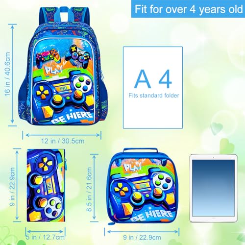 Image of 16 inch Gamer Backpack for Boy, 3Pcs Gaming Kids Bookbag for Elementary Preschool Kindergarten, School Backpacks with Lunch Box(Blue)