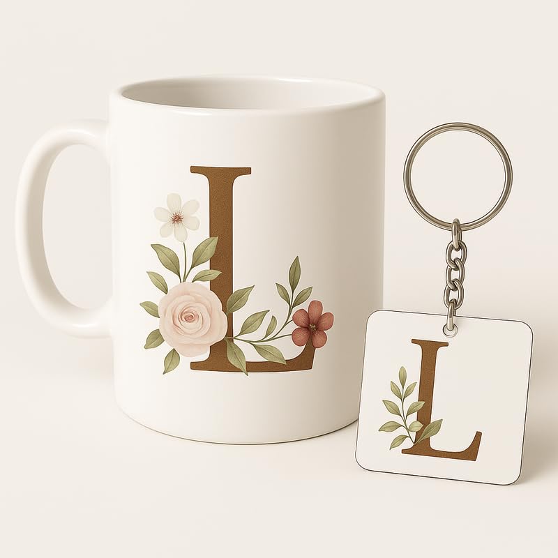 Image of Letter L Mug and Keychain Set - Elegant Floral Monogram Gift for Her /Him - Coffee Cup and Key Ring with Initial L - Coffee Mug for Everyone Any Occasion 4646 12