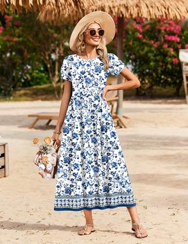 Image of Zeagoo Summer Dresses for Women 2026 Maxi Bohemian Floral Short Sleeve Long Dress Casual Flowy Tired Beach Sundress