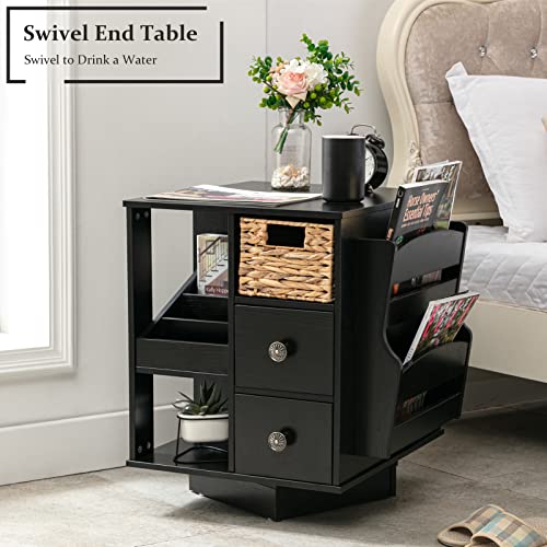 Rotating End Table, Modern Farmhouse End Table with Magazine Rack and Drawers, Revolving End Table with Storage for Living Room Bedroom, Sofa Side Nightstand with Open Storage Shelf (Black)
