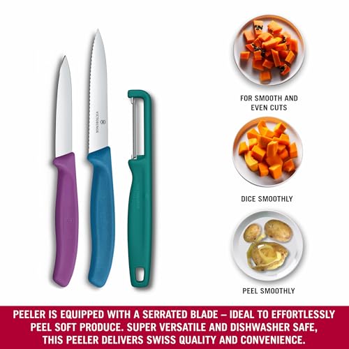 Image of Victorinox Swiss Made Stainless Steel Swiss Classic Paring Knife Kitchen Knife 8,10 cm Straight /Wavy Edge with I-Peeler Set (3 Pcs) Green /Purple /Blue | 6.7116.33C1