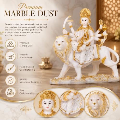 Image of ARMONIA Goddess Durga Idol Sherawali Mata Murti for Home Temple Mandir | Maa Durga Statue for Pooja Room Decor |Marble Dust| Best Gift for Navratri & Housewarming 10 Inch (1 Microfiber Cleaning Cloth)