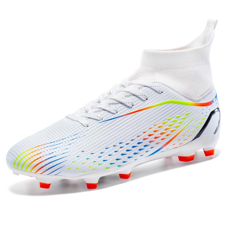 High Top Soccer Cleats, Professional Training Shoes, Lightweight Breathable Mesh, Non-Slip Rubber Sole, White and Gold