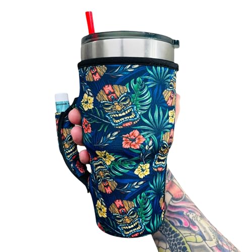 Lit Handlers Tumbler Sleeve with Handle - 30-38oz Neoprene Cup Sleeve & Tumbler Holder w/Handle & Pocket - Water Resistant Insulated Drink Cover for Beer & Ice Shakers (Tiki Tiki)