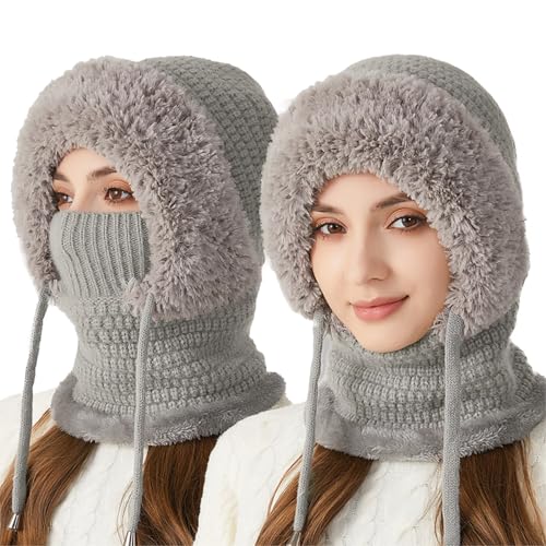 crazy bean Pasamontañas Invierno Mujer Cálido Sombrero con Cordón Gorro Invierno con Capucha Bufanda Balaclava Multifuncional Beanie Skull Cap para Clima Frío Esquí