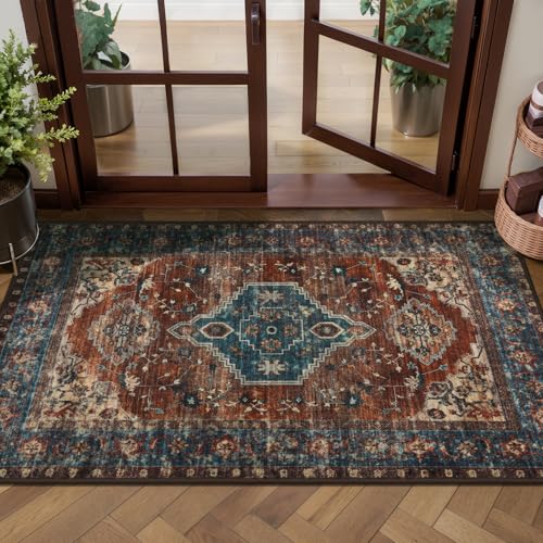 Tapis vintage 2 x 4 antidérapant lavable pour entrée intérieure bleu
