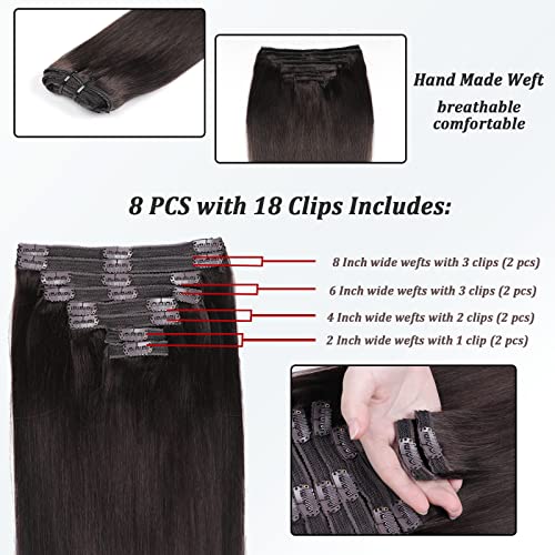Clip In Hair Extensions Real Human Hair, Remy Human Hair Clip In Extensions Dark Brown Hair Extensions Clip In Human Hair, Thick Natural Hair Clip Ins 8 Pcs 120G 16 Inch Silky Straight Hair Extensions Double Weft #TOP2