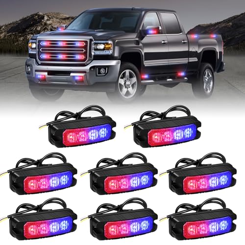 XRIDONSEN 8PCS Sync Grill Police Lights for Truck 32 LED Red Blue Emergency Strobe Lights Flashing Warning Hazard Caution Safety Surface Mount Grille Light for Law Enforcement Vehicles Pickup Car SUV
