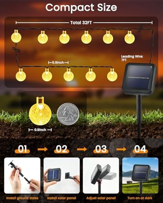 LORRYTE 2-Pack 64FT 100 LED Crystal Globe Solar String Lights Outdoor, Waterproof Solar Lights for Outside, 8 Lighting Modes Patio Decor for Garden Yard Porch Wedding Party(Warm White)