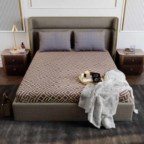 Image of Stoa Paris 100% Cotton King Size Fitted Bedsheet with 2 Pillow Covers, 180TC Printed Bedding Set, All-Season Comfort, Soft & Lightweight, Home Decor, Urbanscape - Marigold Maze (182cmx198cm+30cm)