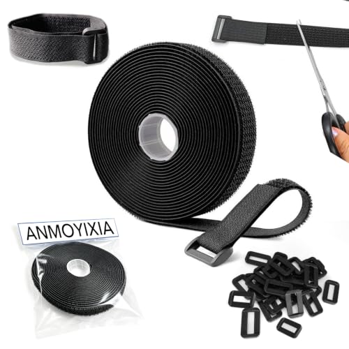Adjustable Cable Straps 5m with 25 Buckles Free Cut Length Reusable Fastening Cable Ties Hook and Loop Securing Strap for Cable Tidy Wire Management Cord Organiser Black 2cm Wide