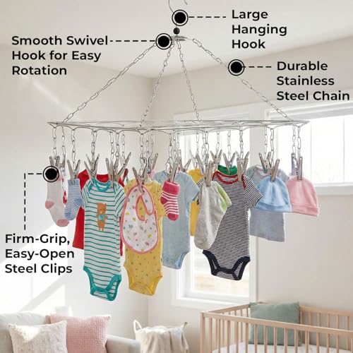 Image of HAZEL Stainless Steel Square Hanger with 25 Clips | Set of 10 | Space Saving Clothes Drying Rack for Socks, Baby Clothes & Undergarments