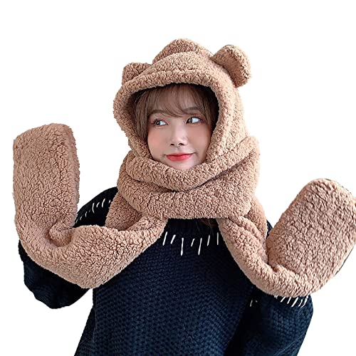 3 in 1 Winter Hats Gloves Scarf Sets Cartoon Bear Ear Shape Warm Hat Gloves Pocket Earflap Hat Long Scarf for Girls2