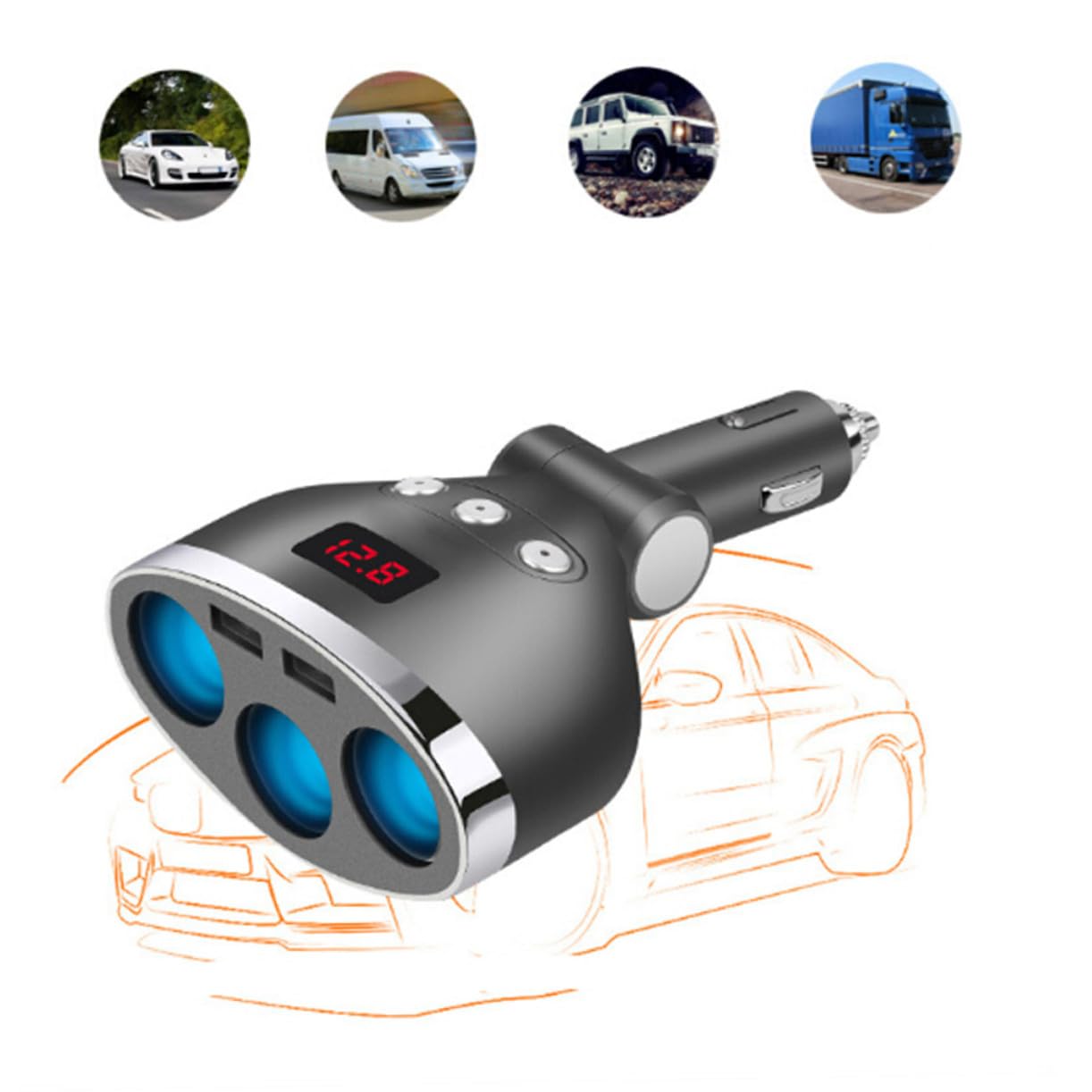 Prise Allume-Cigare de Voiture 1 à 3 Prises USB Double 120w