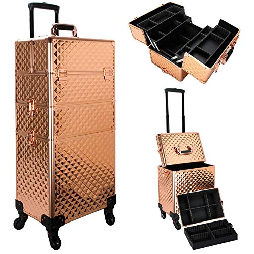 Ver Beauty Professional Rolling Makeup Case, Heavy Duty Makeup Artist Travel Case with 4 Extendable Trays, Rose Gold Diamond