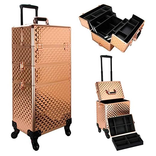 Ver Beauty Professional Rolling Makeup Case, Heavy Duty Makeup Artist Travel Case with 4 Extendable Trays, Rose Gold Diamond