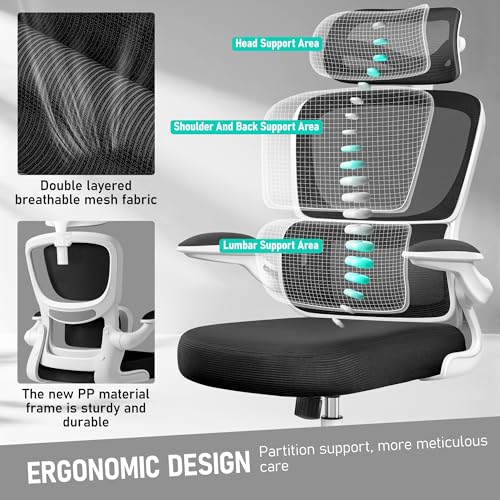 Image of BESTFAIR High Back Ergonomic Office Chair, Breathable Mesh Desk Chair with Lumbar Support, Adjustable Headrest, Flip-up Armrests, Computer Gaming Chair, (White)