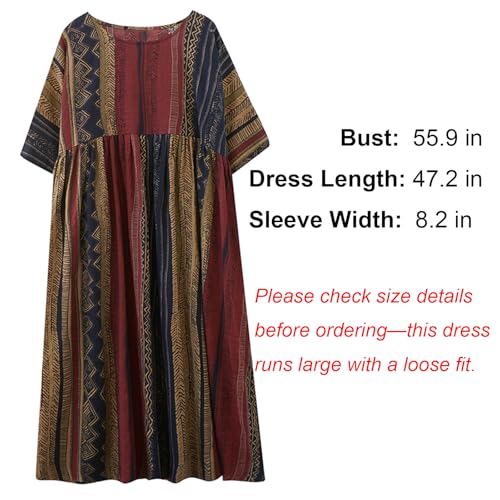 Women Summer Casual Loose Dress Plus Size Boho Dresses Vintage Striped Print Round Neck Short Sleeve with Side Pocket2
