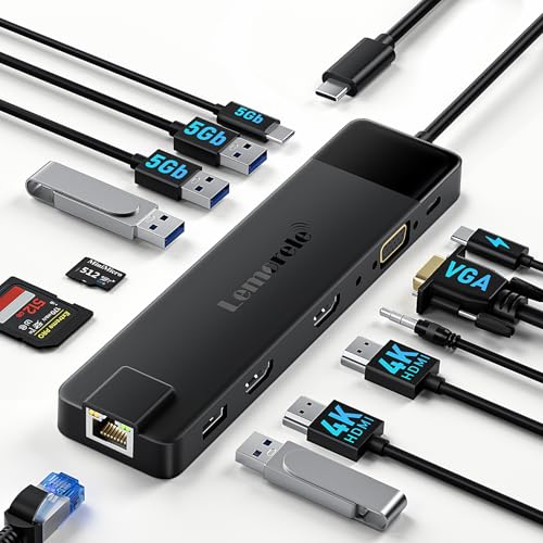 Lemorele 13 in 1 USB C Docking Station for Triple Monitors, Dual 4K HDMI, 1000M RJ45, VGA, 4 USB 3.0/2.0, SD/TF, 3.5MM Audio, USB C 3.0, 100W PD, Compatible with Type C Laptops by Lemorele - Used condition - US$28.01