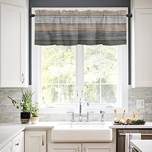 Amaze-Home Curtain Valances For Windows, Ombre Brown Grey Window Valances, Retro Rustic Wood Grain Window Treatment Rod Pocket Valance Curtains For Kitchen/Bedroom/Bathroom 54X18 Inch, 1 Panel #TOP1