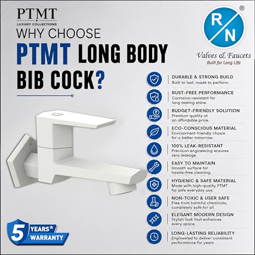 Image of RN PTMT Long Body Bib Cock for Bathroom | 15mm Long Body Foam Flow Water Tap with Flange | Luxury G20 Collection Faucet | High-Grade Engineering Polymer Tap (White, Pack of 4)