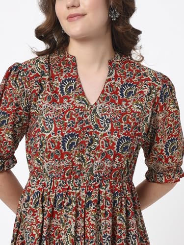 Image of PIDAVLIYA'S Women's Floral Summer Maxi Dress I Cotton Printed I One Piece Bodycon Midi Dress with V-Neck, Puffed Sleeves
