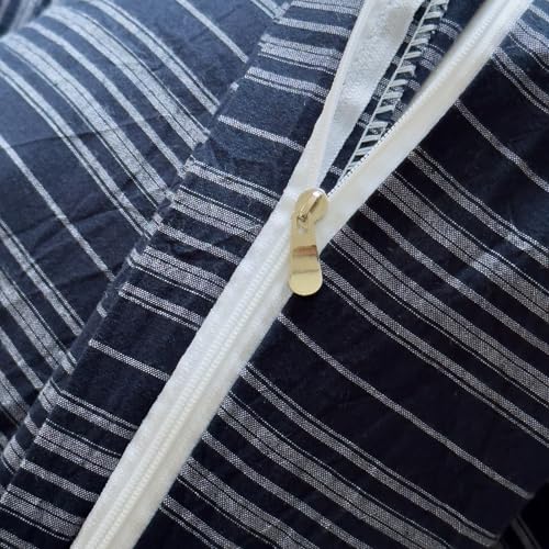Image of VM VOUGEMARKET Blue White Stripe Duvet Cover Set - Soft Washed Cotton,Modern Neutral Ticking Pinstripe Minimalist, 3 Pieces,Navy Blue,Queen Size