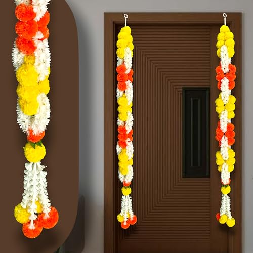 Image of iHandikart Artificial Infinity Shaped Marigold Garland for Home Decor | Pack of 2,52 Inch| Orange-Yellow Floral Garland for House Warming, Festive Decor, Wedding & Entrance Door Decoration itmes.