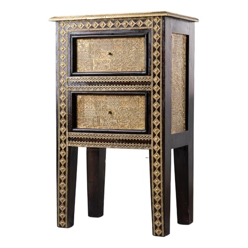 Image of Wooden Bedside Table for Bedroom with Drawers | Solid Wood Bed Side Table with Drawers | Side Table for Living Room | Traditional Rajasthani Art Chest of Drawer for Home (Black)
