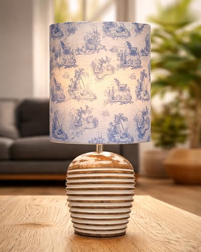 Image of Homesake Wooden Table Lamp for Bedroom | Bedside Lamp with Fabric Shade | E27 Holder with Bulb Included | Warm Light Night Lamp for Living Room, Study Table & Home Decor (KD Blue Printed Drum)