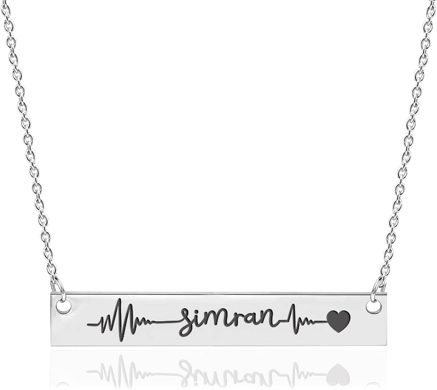 LeCalla Personalized Customized Engraved Heart Beat with Name Bar Necklace for Women Teen